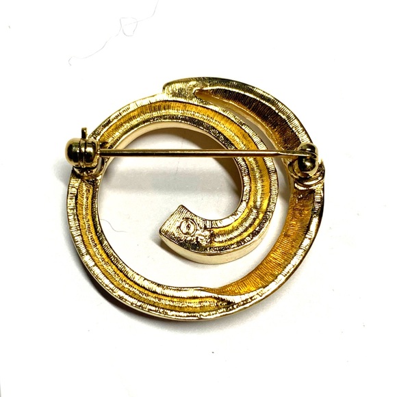 Vintage Gold Swirl Circle Rhinestone Brooch Pin |  Minimalist Statement Style - Picture 2 of 2